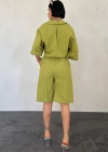 Yağ Yeşili Kısa Kollu Keten Gömlek Ve Şort Takım