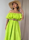 Yağ Yeşili Omzu Lastikli Brode Elbise