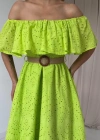 Yağ Yeşili Omzu Lastikli Brode Elbise