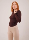 Yaka Detay Uzun Kollu Basic Kahverengi Bluz