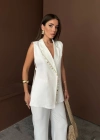 YAKA İDYE KABUĞU IRALI YELEK  PANTOLONTAKI KETEN KUAŞ  Beyaz