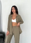 Yakalı Düğmeli Uzun Kollu Gömlek Pantolon Ikili Takım  Bej