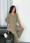 Yakalı Düğmeli Uzun Kollu Gömlek Pantolon Ikili Takım  Bej