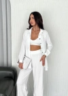 Yakalı Düğmeli Uzun Kollu Gömlek Pantolon Ikili Takım  Beyaz