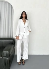 Yakalı Düğmeli Uzun Kollu Gömlek Pantolon Ikili Takım  Beyaz