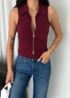 Yakalı Tam Fermuarlı Kolsuz Bluz  Bordo