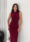 Yandan Buzgulu Kolsuz Yırtmaçlı Uzun Elbise  Bordo