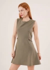 Yanları Zincir Detaylı ıfır Kol Haki Mini Elbise