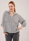 Yarasa Kol Çizgili Cep Detaylı Gri Gömlek