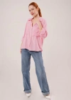 Yarasa Kol Çizgili Cep Detaylı Pembe Gömlek