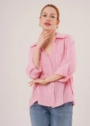 Yarasa Kol Çizgili Cep Detaylı Pembe Gömlek