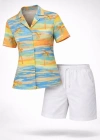 Yazlık Tropikal Desenli Gömlek Şort Takım Rahat Kalıp Tatil Kombin   Desenli