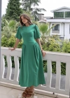 Yeşil Arkadan Bağlamalı Büzgülü Keten Elbise
