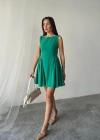 Yeşil ini Boy Büzgülü Keten Elbise
