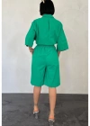 Yeşil Kısa Kollu Keten Gömlek Ve Şort Takım