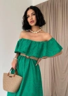 Yeşil Omzu Lastikli Brode Elbise