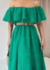 Yeşil Omzu Lastikli Brode Elbise
