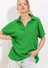 Yeşil Oversize Polo Yaka Örme Bluz 0486