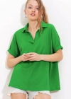 Yeşil Oversize Polo Yaka Örme Bluz 0486