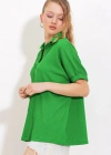 Yeşil Oversize Polo Yaka Örme Bluz 0486