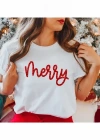 Yılbaşı erry Christmas Baskılı Kısa Kollu Oversize Bisiklet Yaka Tshirt  Beyaz