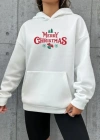 Yılbaşı erry Christmas Baskılı Oversize Kapüşonlu weatshirt Hoodie  Beyaz