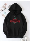 Yılbaşı erry Christmas Baskılı Oversize Kapüşonlu weatshirt Hoodie  iyah