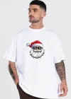 Yılbaşı Gözlüklü Noel Baba Baskılı Kısa Kollu Oversize Bisiklet Yaka Tshirt  Beyaz