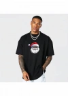 Yılbaşı Gözlüklü Noel Baba Baskılı Kısa Kollu Oversize Bisiklet Yaka Tshirt  iyah