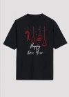 Yılbaşı Happy New Year Baskılı Kısa Kollu Oversize Bisiklet Yaka Tshirt  iyah