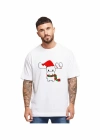Yılbaşı Noel Ren Geyiği Baskılı Kısa Kollu Oversize Bisiklet Yaka Tshirt  Beyaz