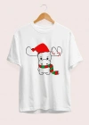 Yılbaşı Noel Ren Geyiği Baskılı Kısa Kollu Oversize Bisiklet Yaka Tshirt  Beyaz