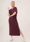 Yırtmaç Detaylı Kısa Kollu alaş axi Bordo Elbise