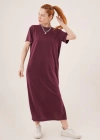 Yırtmaç Detaylı Kısa Kollu alaş axi Bordo Elbise