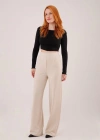 Yüksek Bel Bol Paça Krep Krem Pantolon