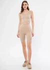 Yüksek Bel Fitilli Croplu Biker Şortlu Takım  Bej