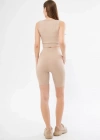 Yüksek Bel Fitilli Croplu Biker Şortlu Takım  Bej