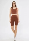 Yüksek Bel Fitilli Croplu Biker Şortlu Takım  Kahve