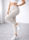 Yüksek Bel Toparlayıcı Likralı Dalgıç Spor Tayt Esnek Rahat Kalıp  Bej