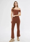 Yüksel Bel Fitilli İspanyol Paça Tayt  Kahve