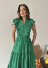 Zümrüt Fırfırlı Düğmeli Elbise