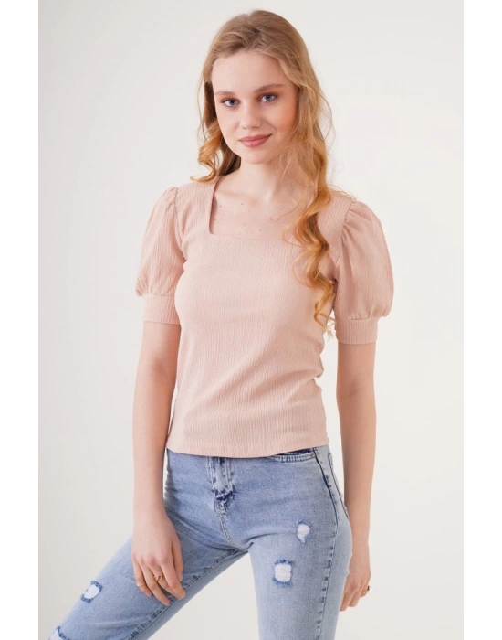 0409 Kare Yaka Örme Bluz  Bisküvi