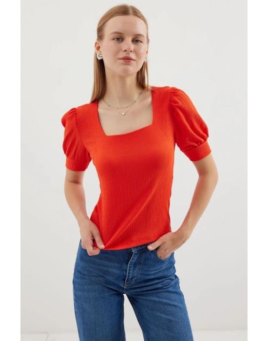 0409 Kare Yaka Örme Bluz  Oranje