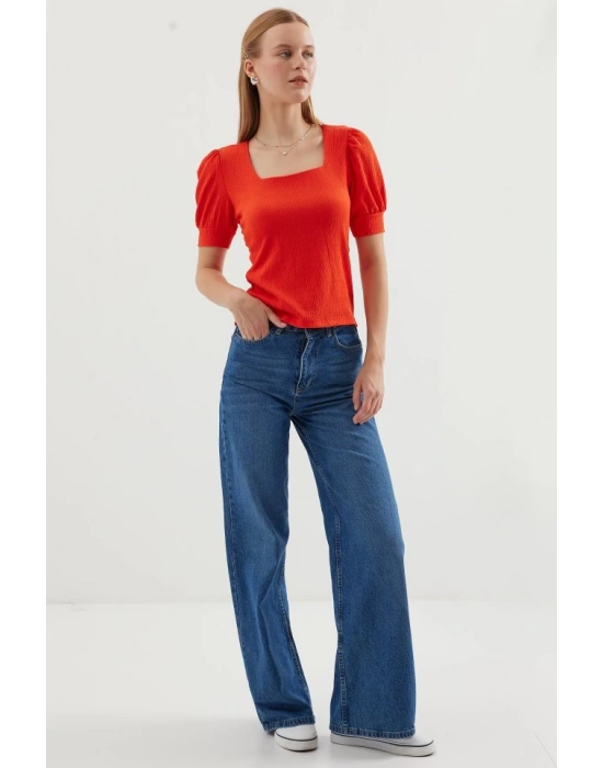 0409 Kare Yaka Örme Bluz  Oranje