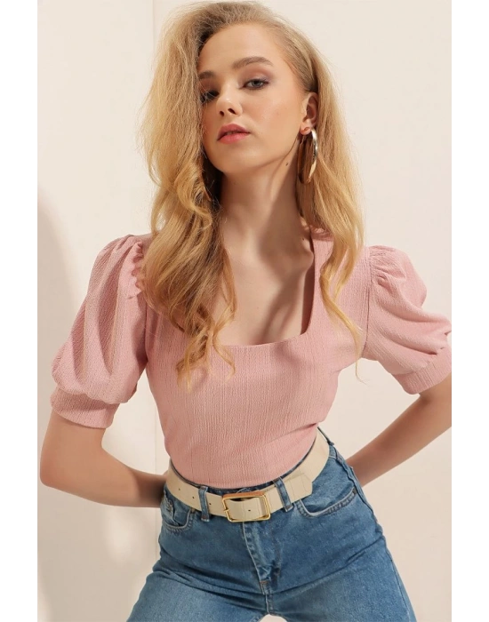 0409 Kare Yaka Örme Bluz  Pudra