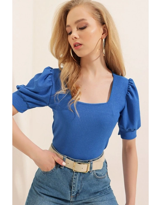 0409 Kare Yaka Örme Bluz  Saks