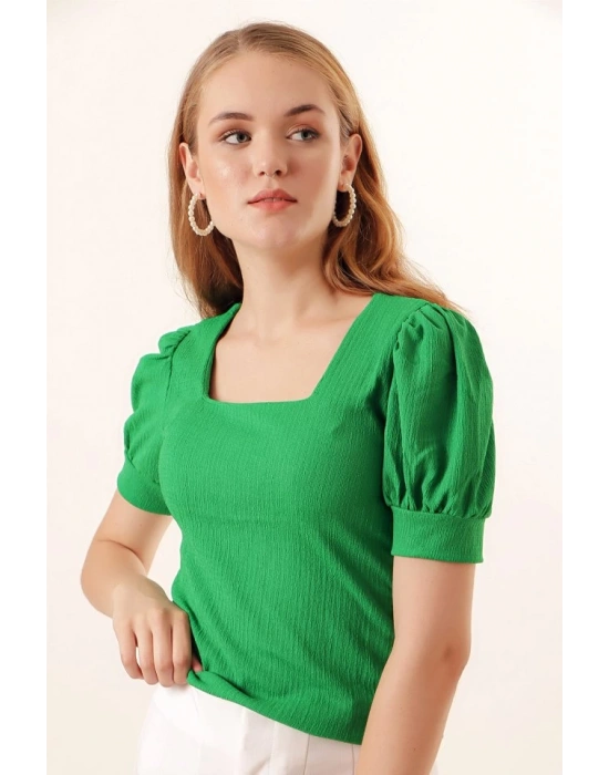 0409 Kare Yaka Örme Bluz  Yeşil