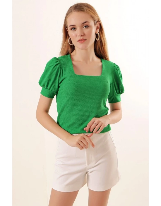 0409 Kare Yaka Örme Bluz  Yeşil