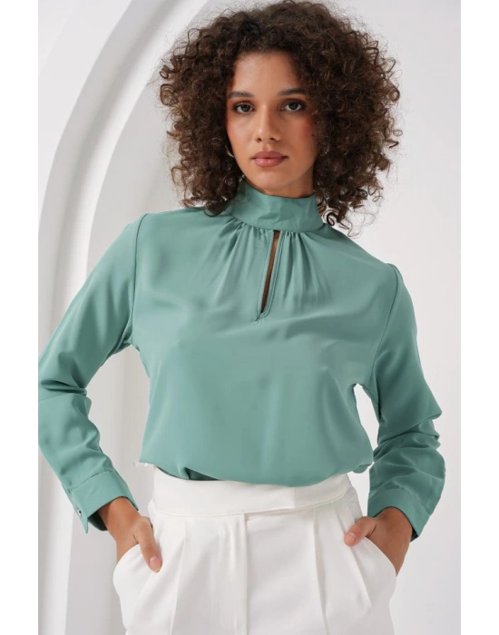0418 Pencere Detaylı Bluz  Su Yeşili