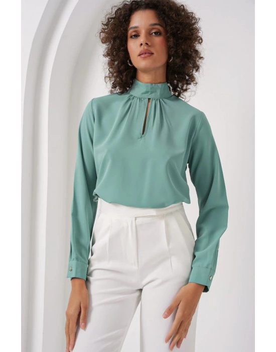 0418 Pencere Detaylı Bluz  Su Yeşili